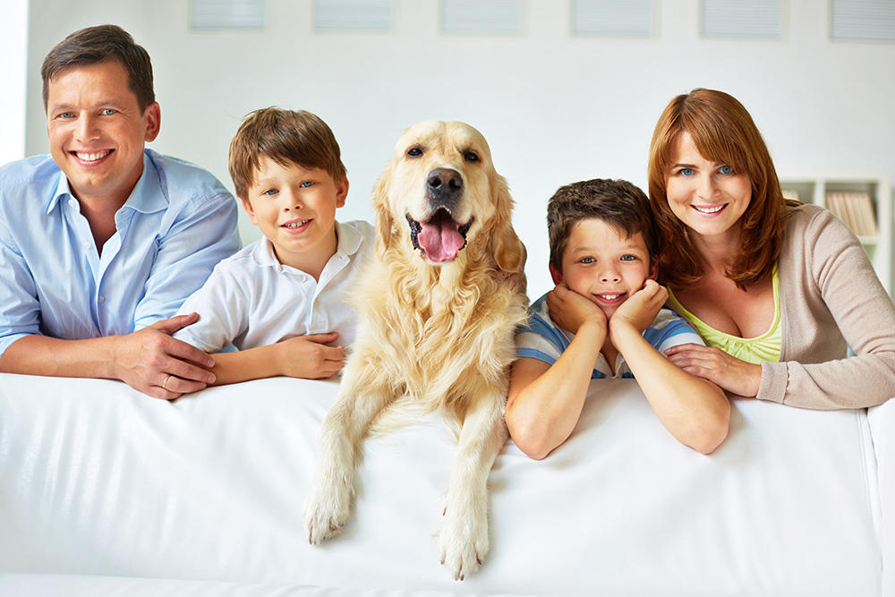 Smiling family of four with a dog